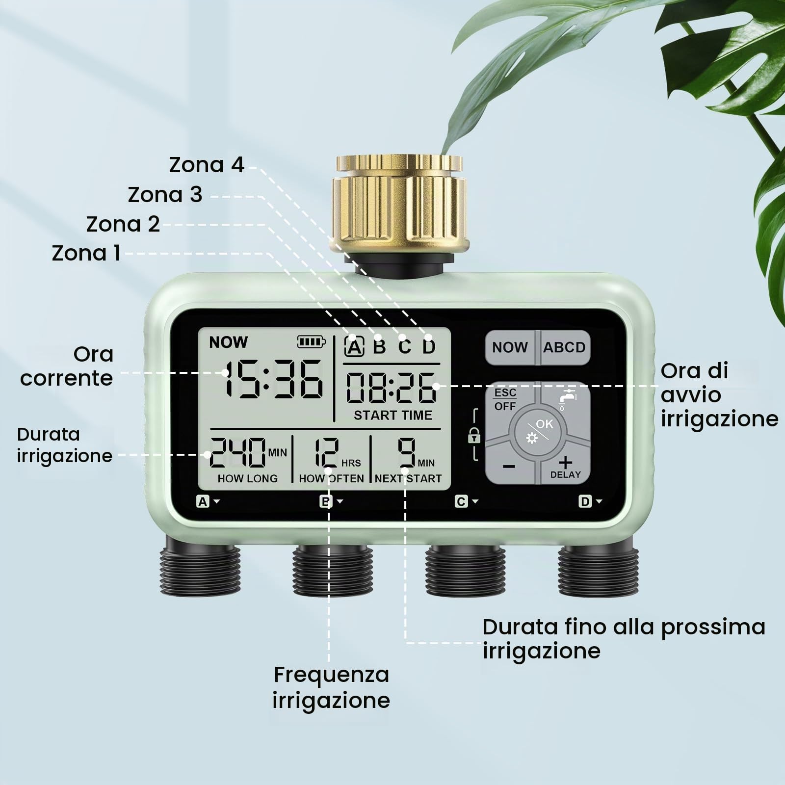 Timer per irrigazione a 4 zone con ingresso in ottone, timer irrigatore, timer programmabile per rubinetto del tubo da giardino esterno con ritardo della pioggia/sistema di irrigazione manuale