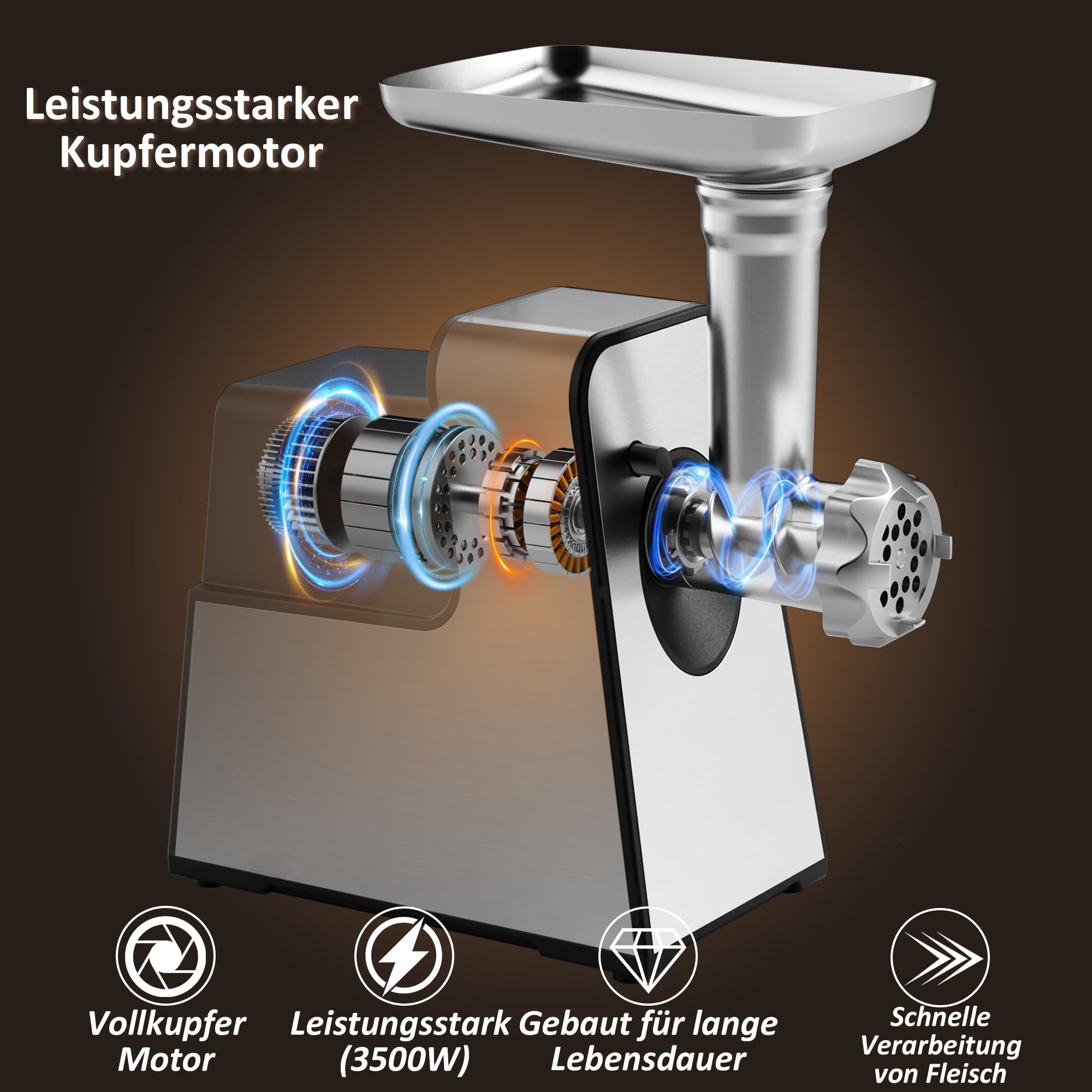 STANEW Fleischwolf Elektrisch, 3 in 1 Hackfleisch Maschine mit 3 Platten aus Edelstahl, Wurstmaschine Kubbe und 3 Füllrohre für Wurst, Kapazität 3,5 kg/min, 3 Klingen, 3500 W Starker Kupfermotor