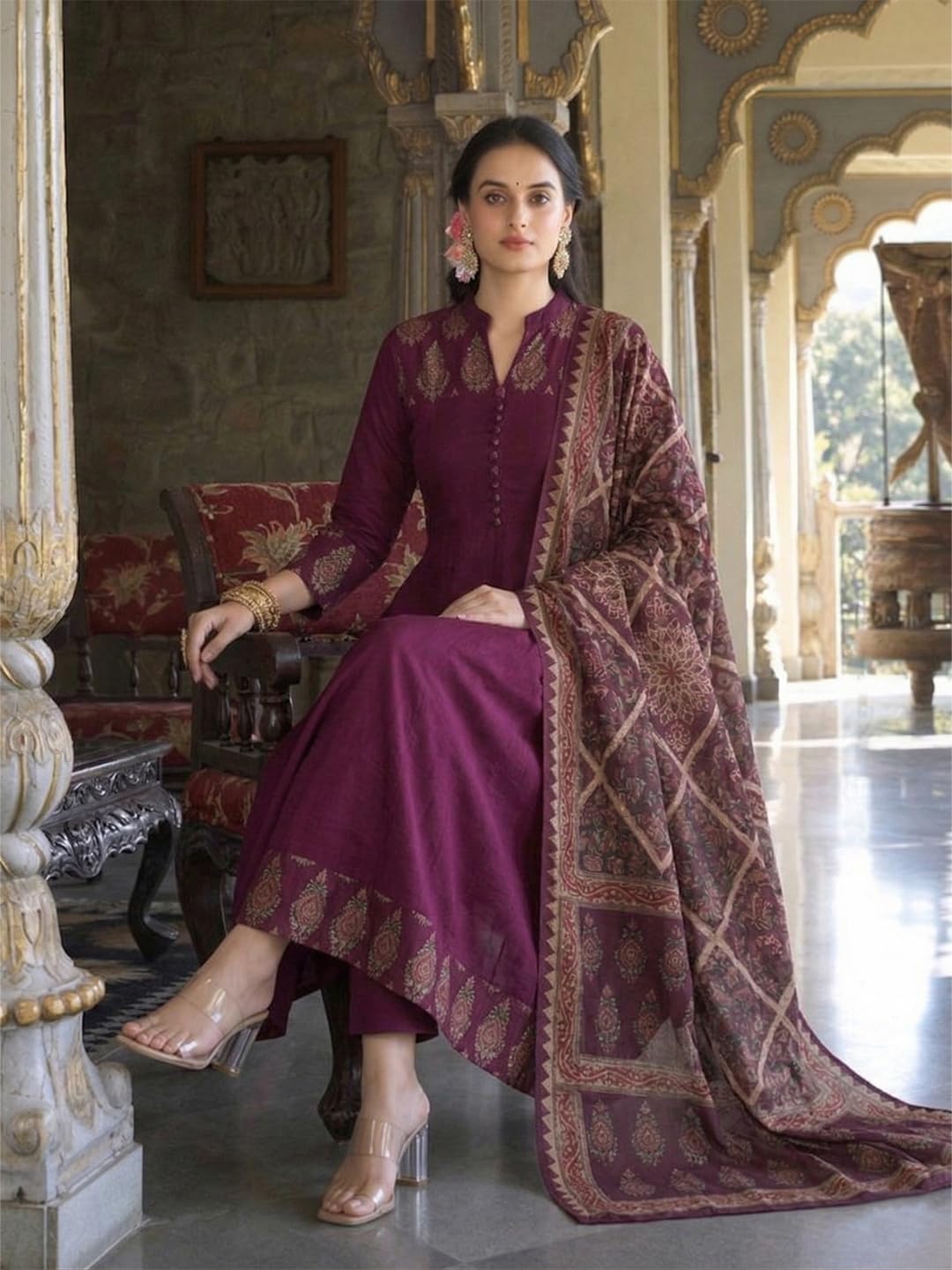 ANNI Designer Ensemble kurta pour femme avec imprimé en viscose | Ensemble kurti pour femme | Anarkali Kurta Pantalon Dupatta 3 pièces | Col en V, manches 3/4, coupe régulière, vêtements ethniques