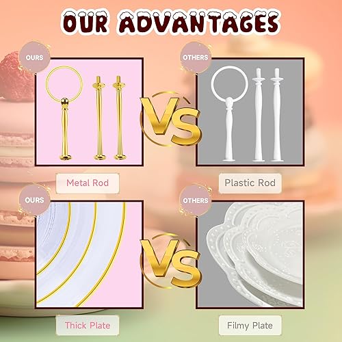 Miniatura 9 de PinCute Soporte para cupcakes  Torre de postre de pastel de 3 niveles, bandeja de plástico para servir y barra de metal para fiesta de cumpleaños,