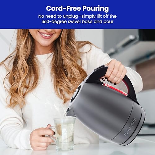 Miniatura 5 de Chefman Hervidor eléctrico, hervidor de agua eléctrico de acero inoxidable de 1.7 litros con apagado automático, luces LED, protección para hervir