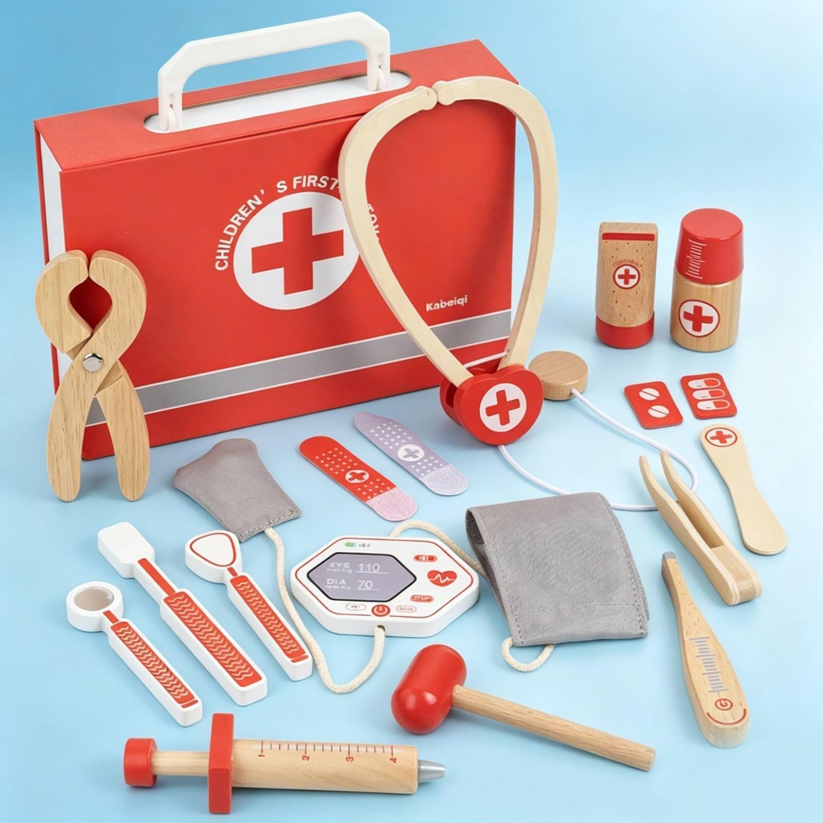 Gioco Del Dottore Bambini Set Medico Finto Kit Dottore Giocattolo Valigetta Legno con Pezzi Lisci E Tattili per Esplorazione Fiducia E Narrazione , Scatola Regalo