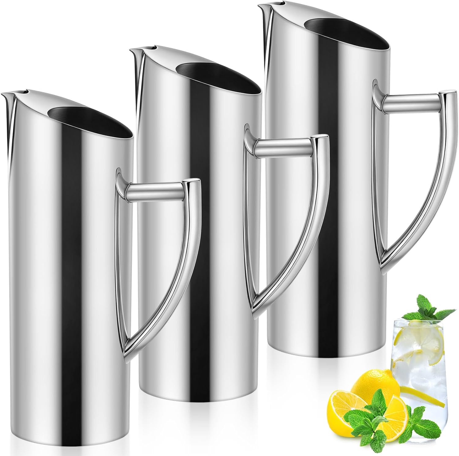 3 Pack Stainless Steel Pitcher with Ice Guard, 53 oz Silver Beveled Mouth Modern Polished Kettle with Handle Metal Serving Pitcher Iced/Hot Drink Jug for Tea, Coffee, Juice, Beer