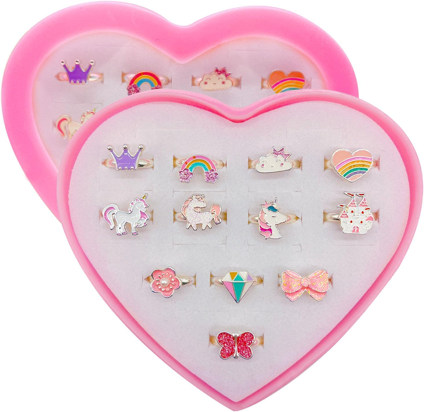 12 PCS Adjustable Girls Rings Set - Unicorn and Princess Dress Up Toys With Heart Shape Box for Children and Kids