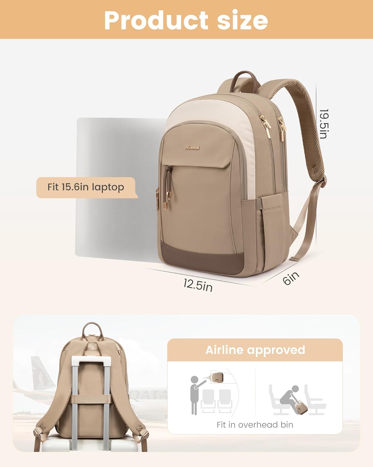 LOVEVOOK Laptop Backpack for Women, 15.6 inch Waterproof College Backpack Woman with Laptop Compartment Computer Bag Travel Backpack Purse, Large Black Computer Daypack for Work Casual, Beige Khaki - Image 3