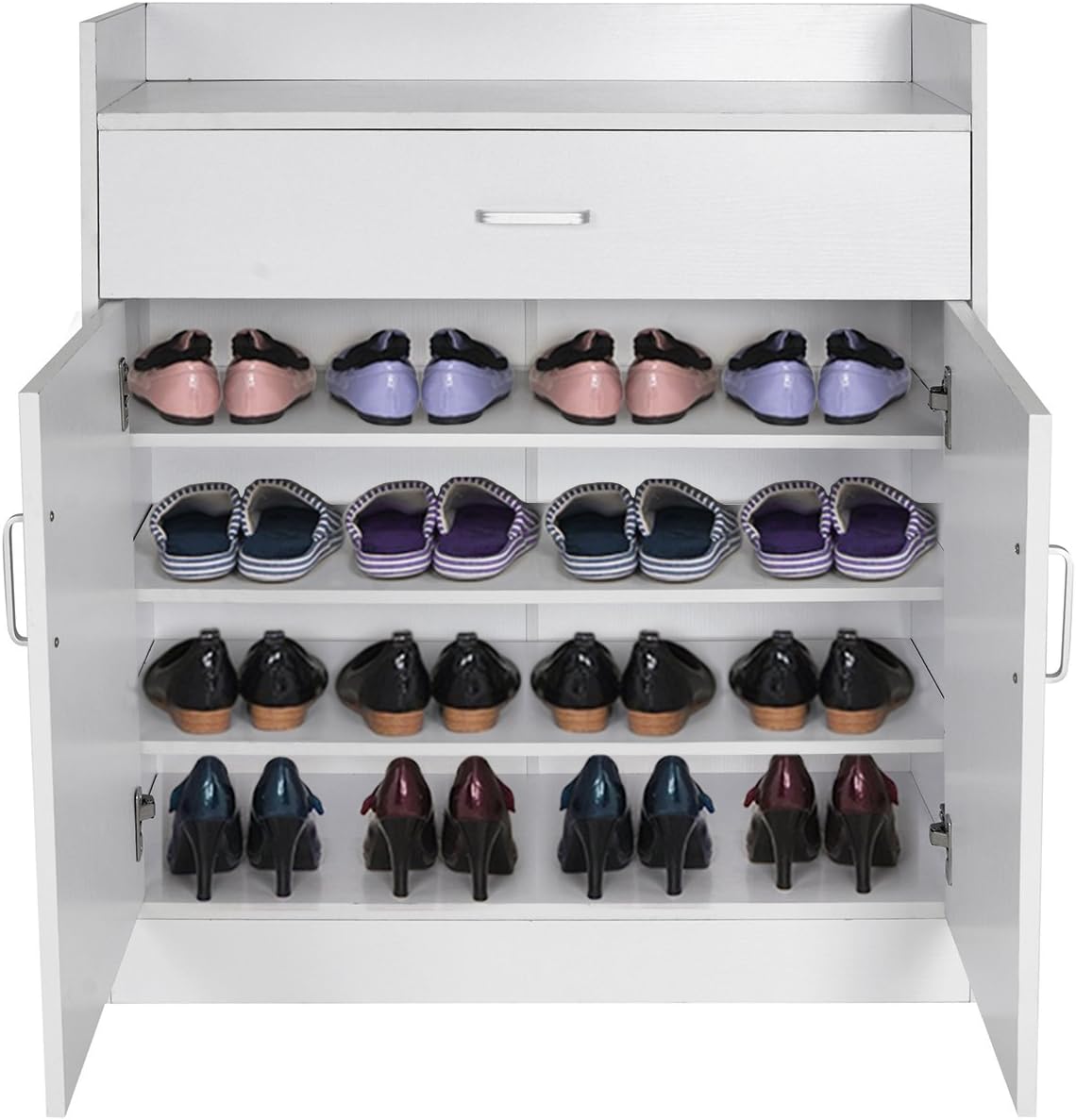 Shoe Cabinet, HST Mall Shoe Storage Cabinet Cupboard in Black-2 Doors with Drawer-Metal Handles-16 Pairs of Shoes-High Capacity-Hallway Shoe Organiser (Black) (White)