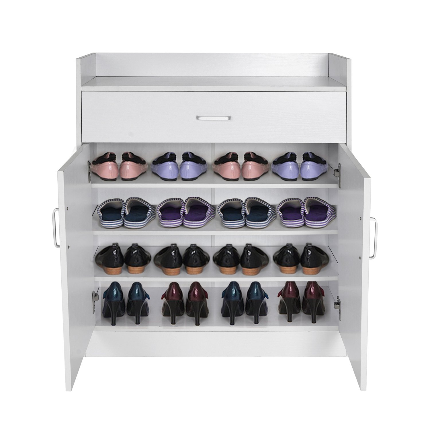 Shoe Cabinet, HST Mall Shoe Storage Cabinet Cupboard in Black-2 Doors with Drawer-Metal Handles-16 Pairs of Shoes-High Capacity-Hallway Shoe Organiser (Black) (White)