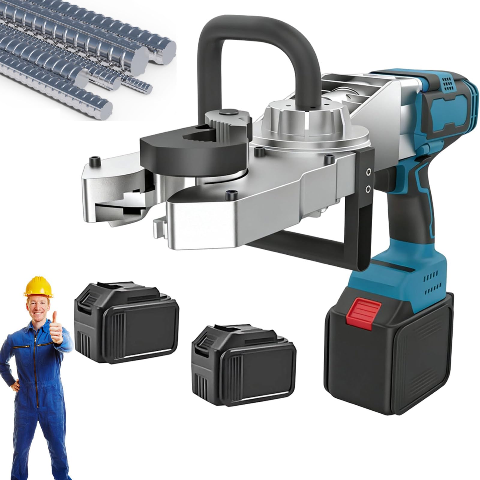 CLEASEBILY Cordless Rebar Threading Machine & Rebar Cutter & Threader – 800Nm High Torque, No Die Change, Adjustable Clamp, 360° Versatility, 2 Batteries, for Bridge Construction