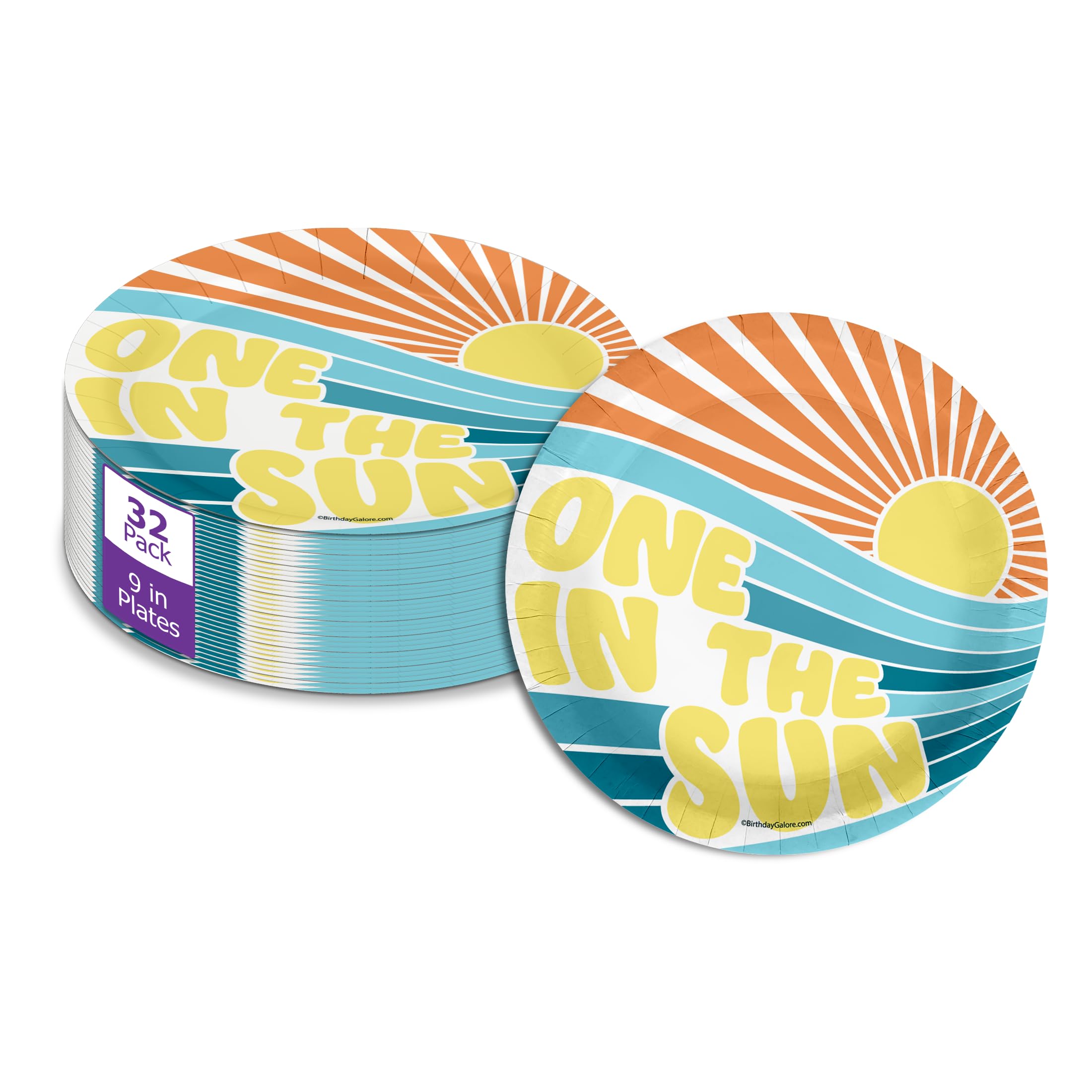 One In the Sun Summer First Birthday - 32 Piece Disposable Party Supplies - Decorations for Boy's 1st Birthday Round Party Plates - Large 9" Paper