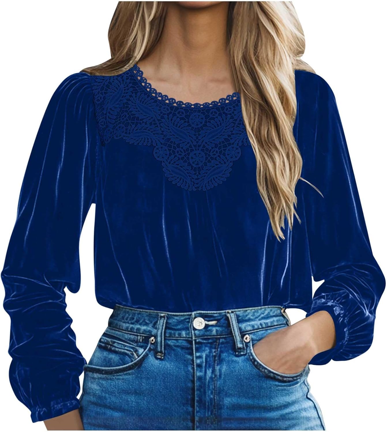 Women's Lace Trimmed V-Neck Top - Casual Long Sleeve Solid Blouse, Stretch Shirt for Everyday Elegance, Date Nights