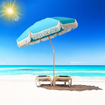 ELZEM 6ft Boho Outdoor Umbrella Waterproof Patio Umbrella Tilt Boho Umbrella With Fringe Beach Umbrella UV Protection Market Umbrella 8 Ribs Windproof For Garden Deck Backyard Pool/Carry Bag