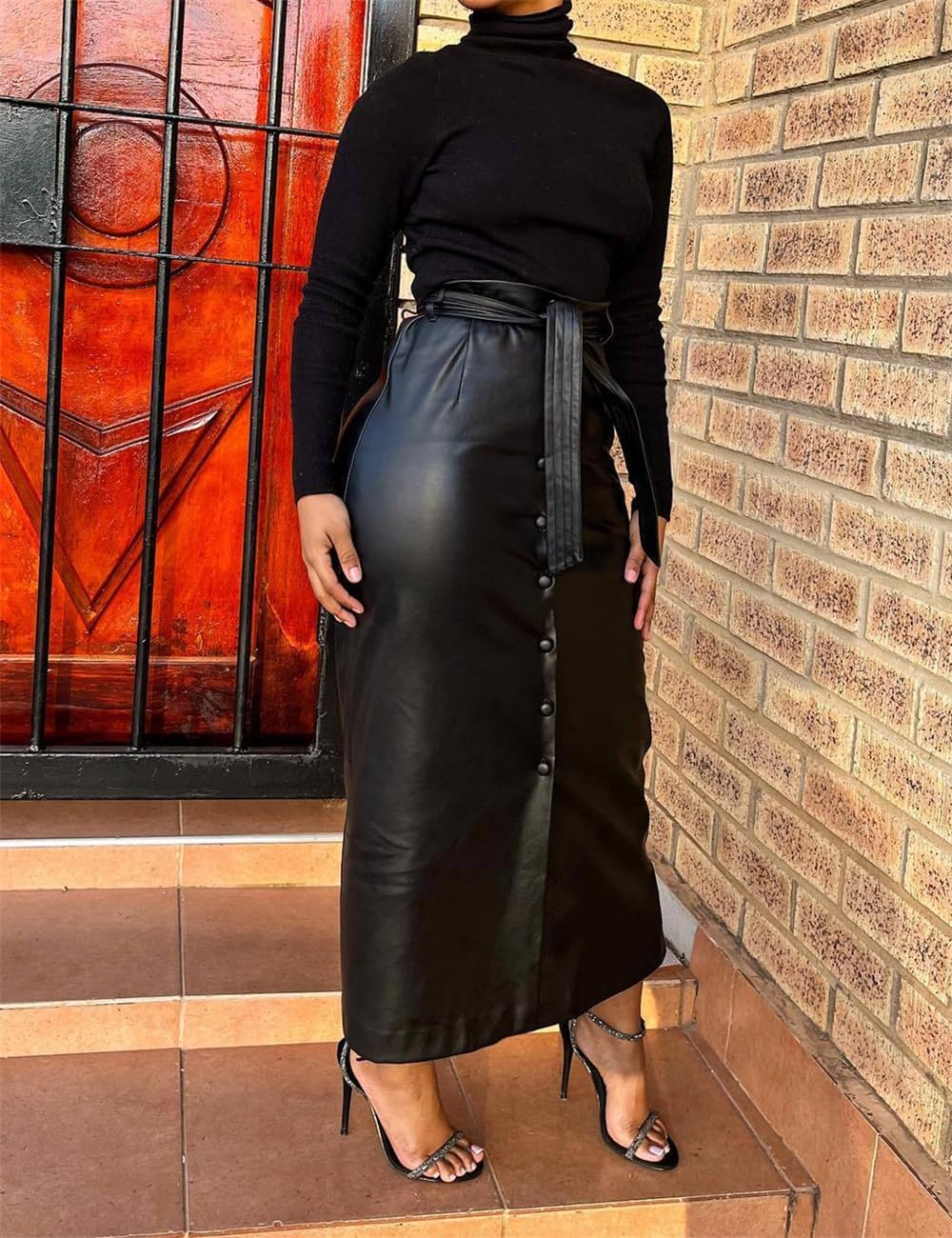 Faux PU Leather Maxi Long Skirt with Belt, Women Button Down Slit Skirt - Image 2