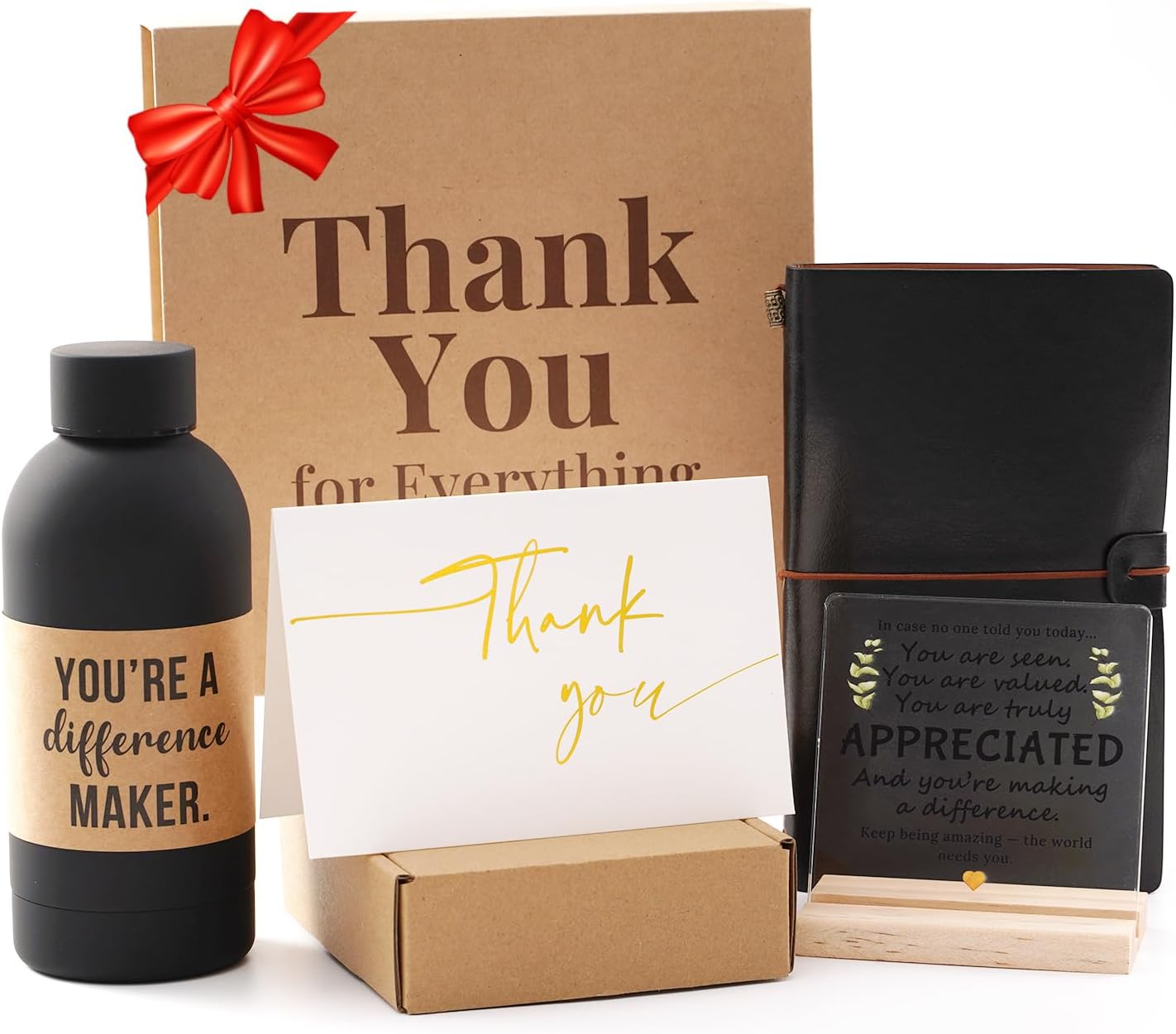 Employee Appreciation Gifts Box Set – Coworker Gift Set Includes Vegan Leather Notebook, Insulated Bottle, Desk Sign, Card, Gift Box – Thank You Gifts for Staff, Teachers, Volunteers (BLACK)