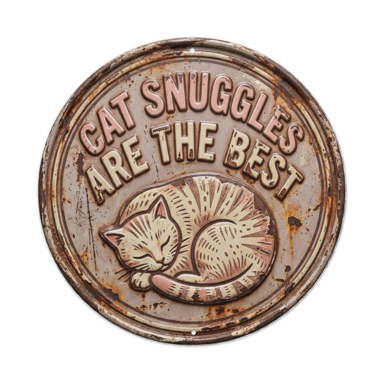 Cat Snuggles Best Meow Metal Tin Sign Plaque Wall Decor for Cafe, Club Bar, Office, Home Garden Round Metal Poster 8x8Inch