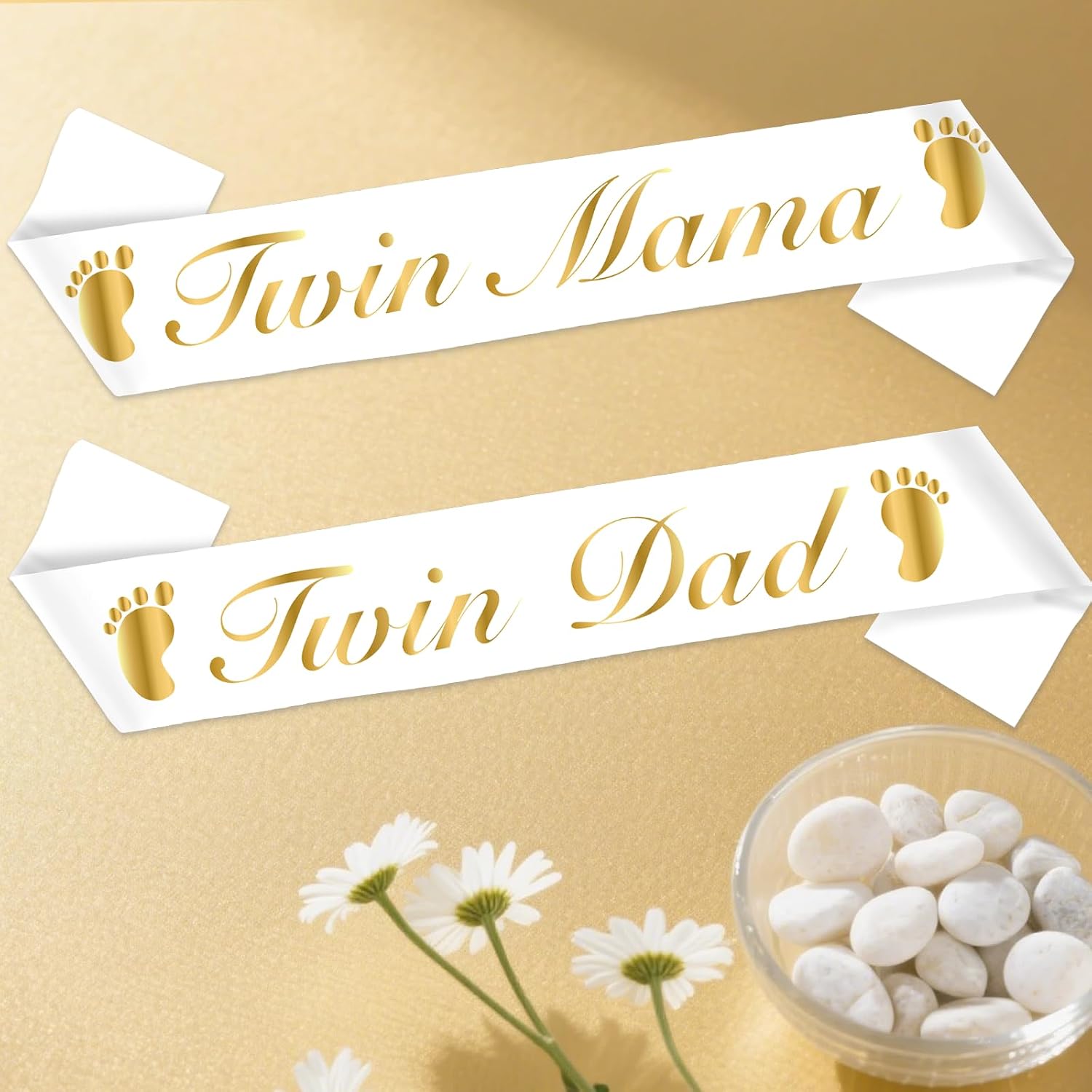 Twin Mama Dad Sash Set, Two Little Cuties Baby Shower Decorations Golden He or She Neutral Twins Gender Reveal Newborn Party Photo Props for Future Mom Daddy