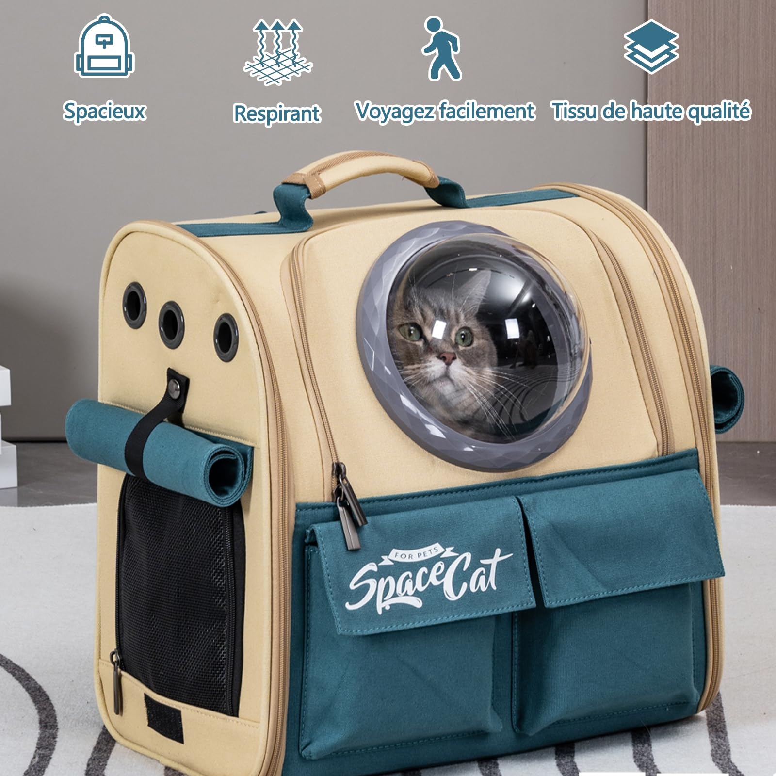 Galatée Sac à Dos Extensible pour Animaux De Compagnie, Sac à Dos pour Chat Et Chien Homologué pour Le Transport Aérien, pour Les Voyages, La Randonnée, Le Camping Et Les Activités De Plein Air(Kaki)