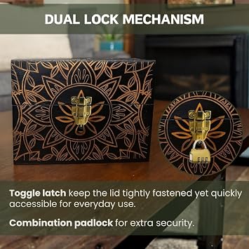 Three Way Cut Stash Box Bamboo Storage Box with Combination Lock – Wooden Organizer Box with Removable Tray, Glass Jars & Accessories, Decorative Lockable Bamboo Box with Lid for Home or Gift - Black