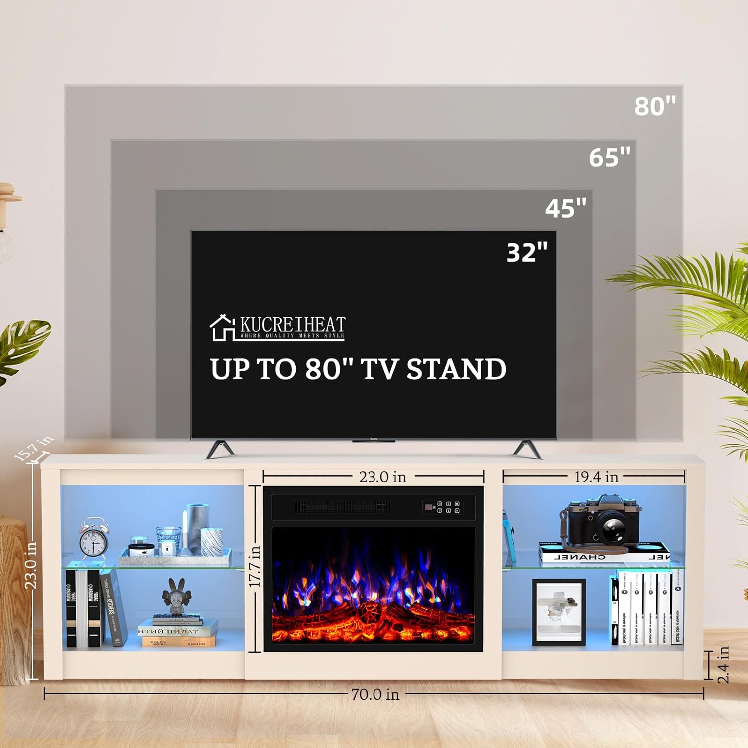 Kucreiheat 70'' TV Stand Fireplace-Entertainment Center with 23'' Fireplace, LED Light for 80 inch TV-White Fireplace Stand with Adjustable Glass Shelves, Modern TV Console for Living Room/Bedroom