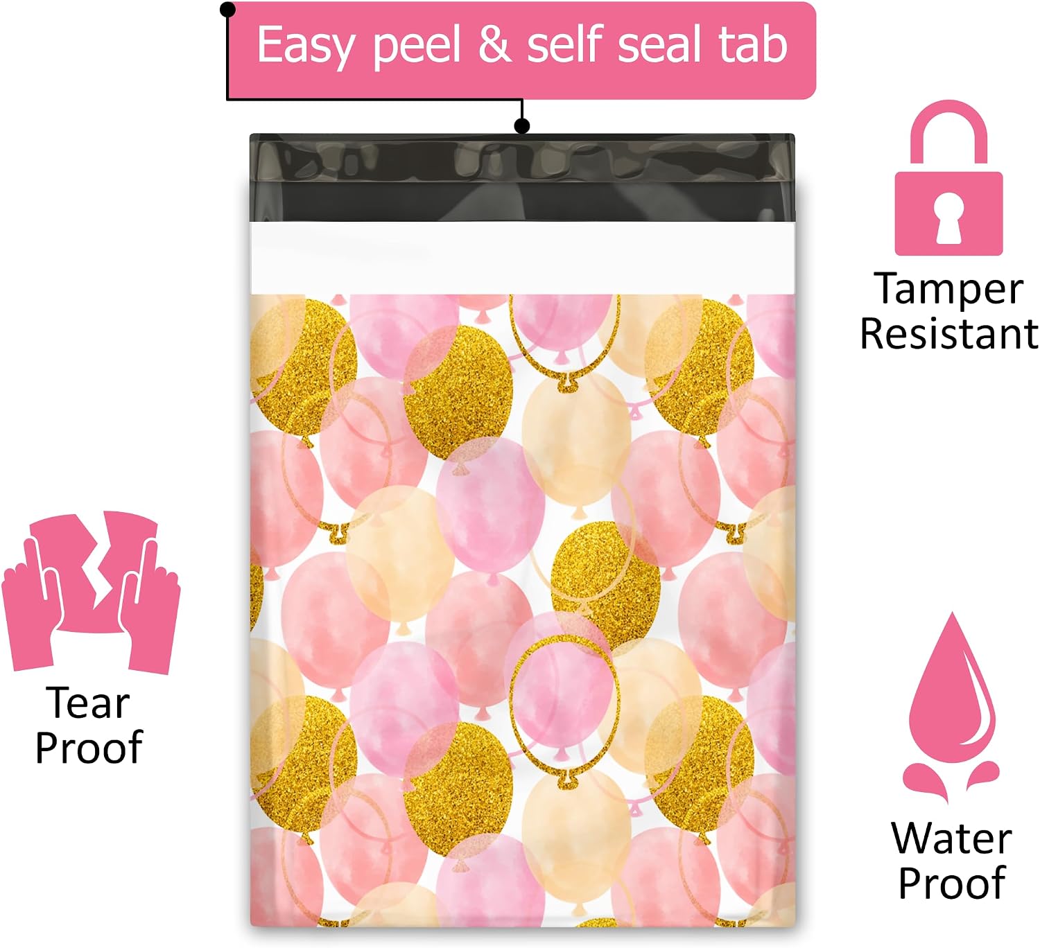 10x13 (100) Pink and Gold Balloons Designer Poly Mailers Waterproof Self Sealing Tear Resistant Polymailers Shipping Envelopes Premium Printed Bags For Small Businesses