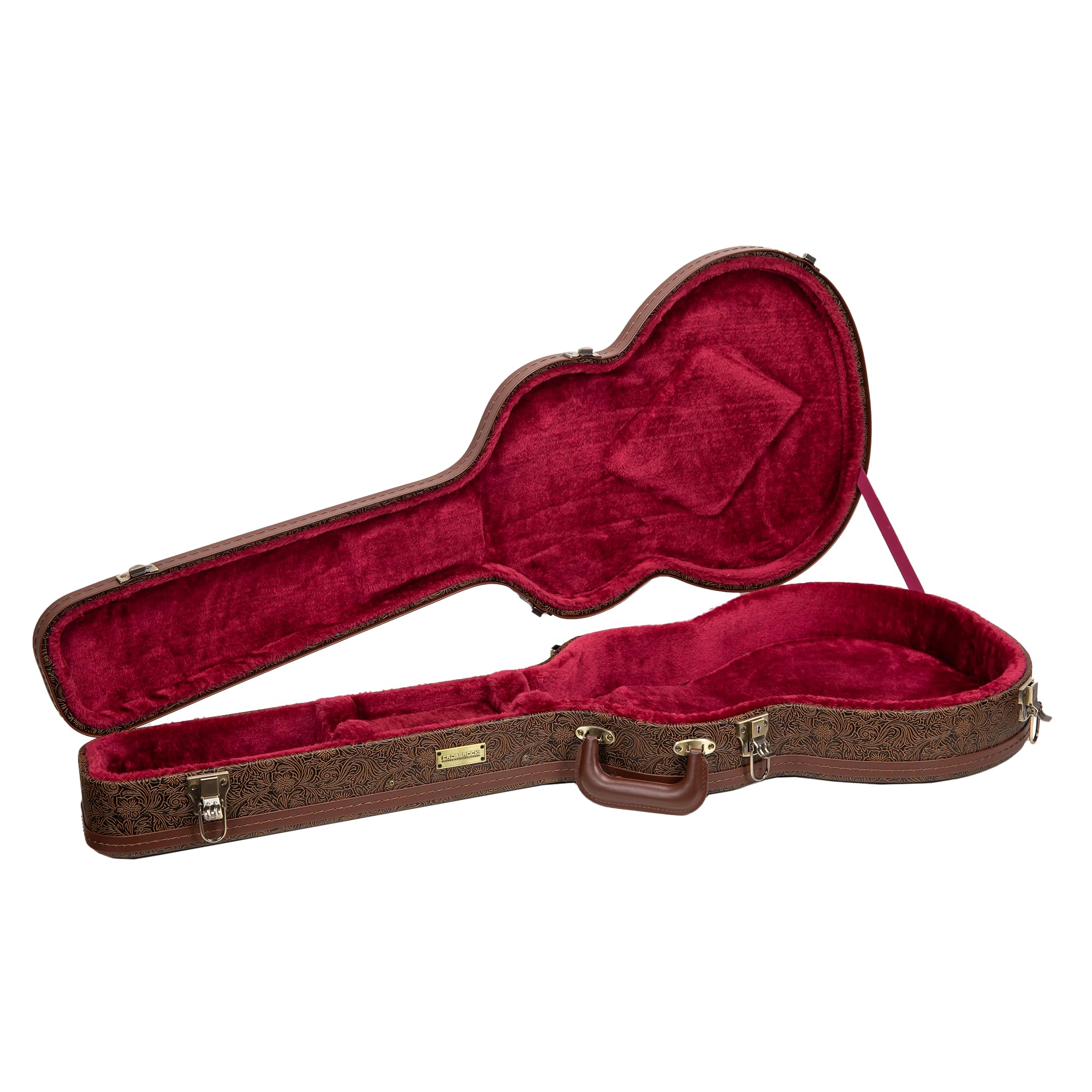 Crossrock Wooden Electric Guitar Case for 335 Style Semi-Hollow | Blossom Brown Faux Leather Burgundy Velvet Interior Lock Designer SeriesCRW530SABQ product thumbnail 8