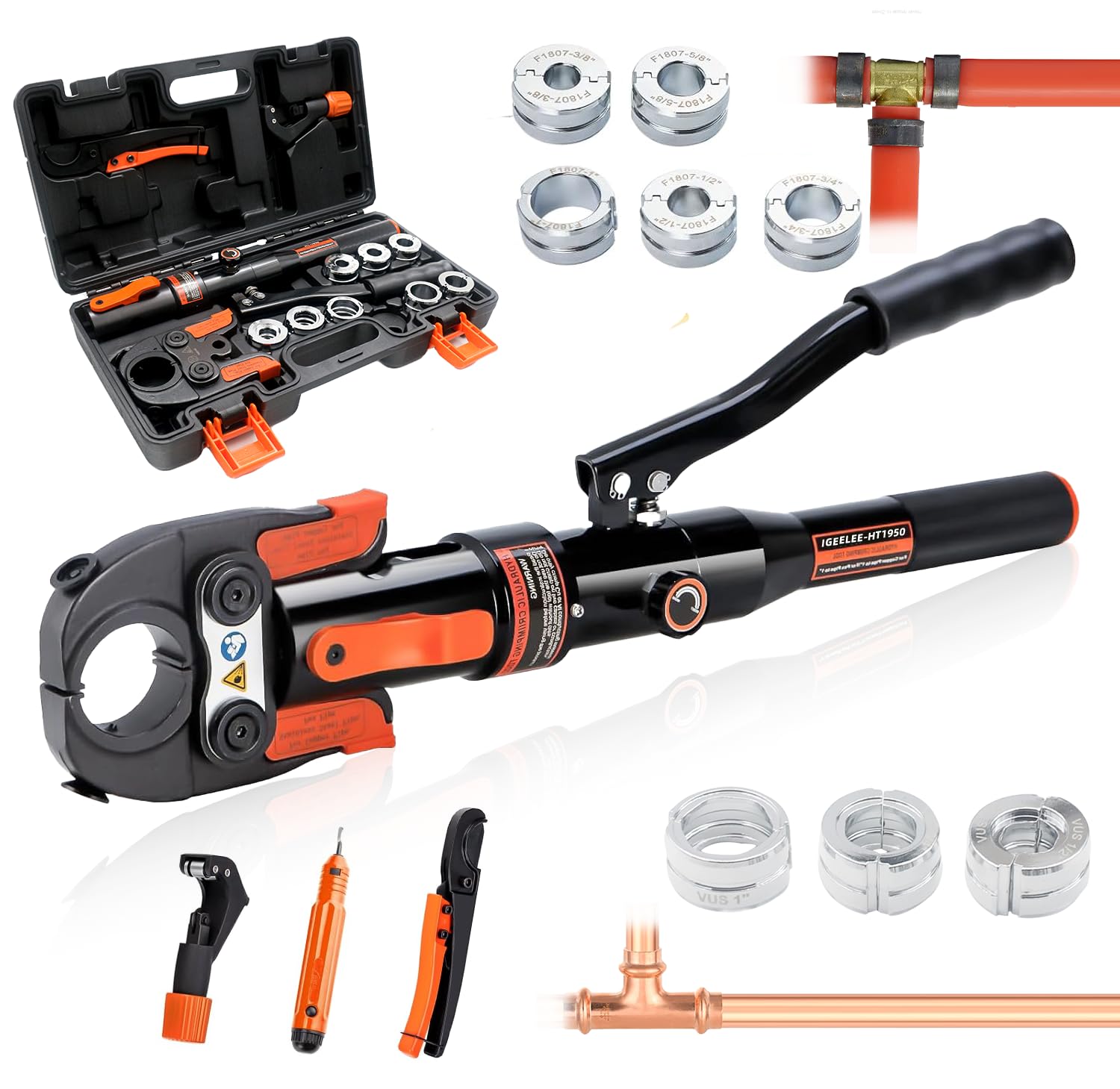 Hydraulic Copper Press Tool, Pex Crimping Tool with 1/2", 3/4", 1" Dies for Copper Pipe Fitting & 3/8"-1" Dies for ASTM F1807 Pex Copper Rings, Heavy Duty HT-1950E