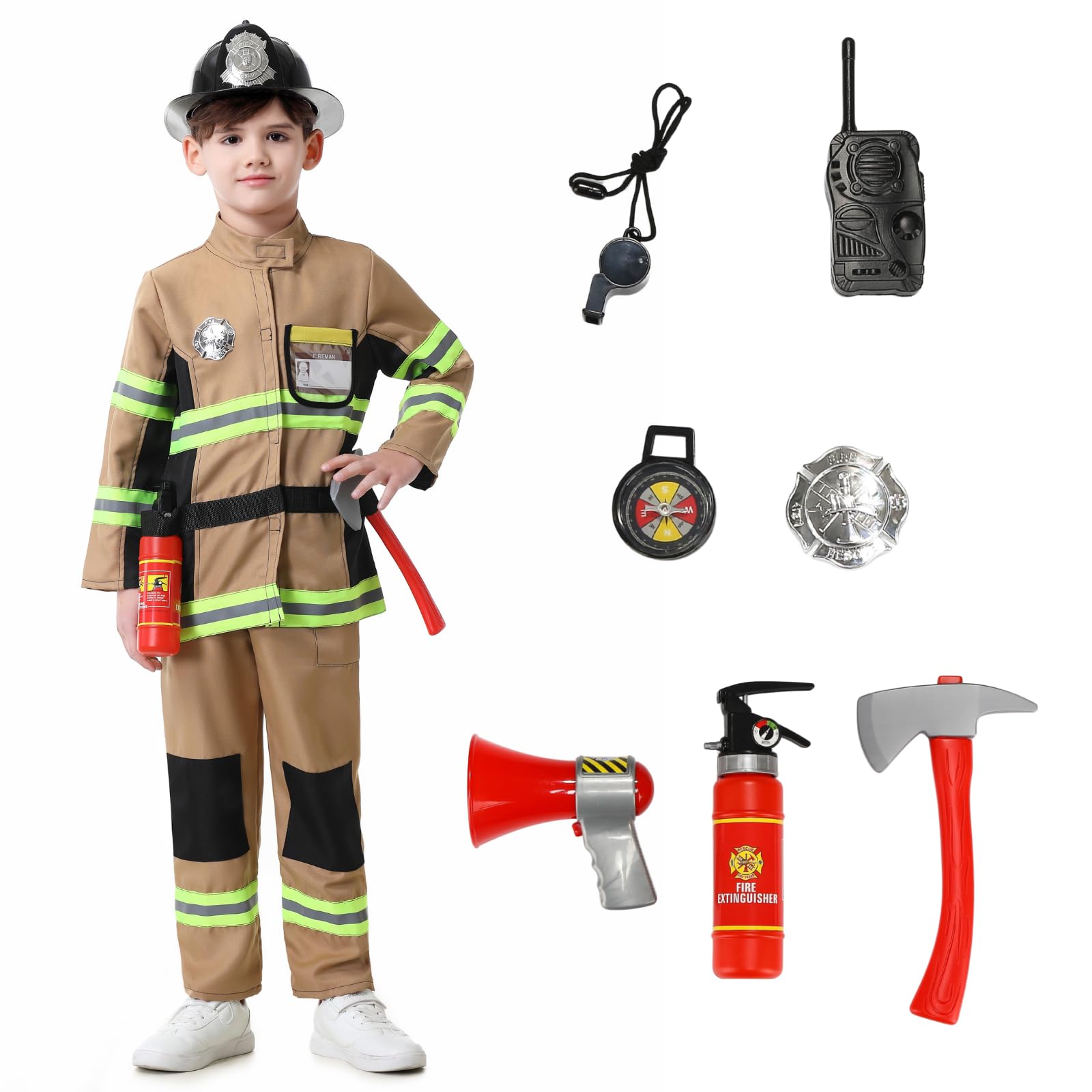 HAPNBCELE Fireman Costume Set for Kids, Firefighter Uniform with Accessories World Book Day Halloween Birthday Dress Up Party (Brown 11Set, 4-5 Years)