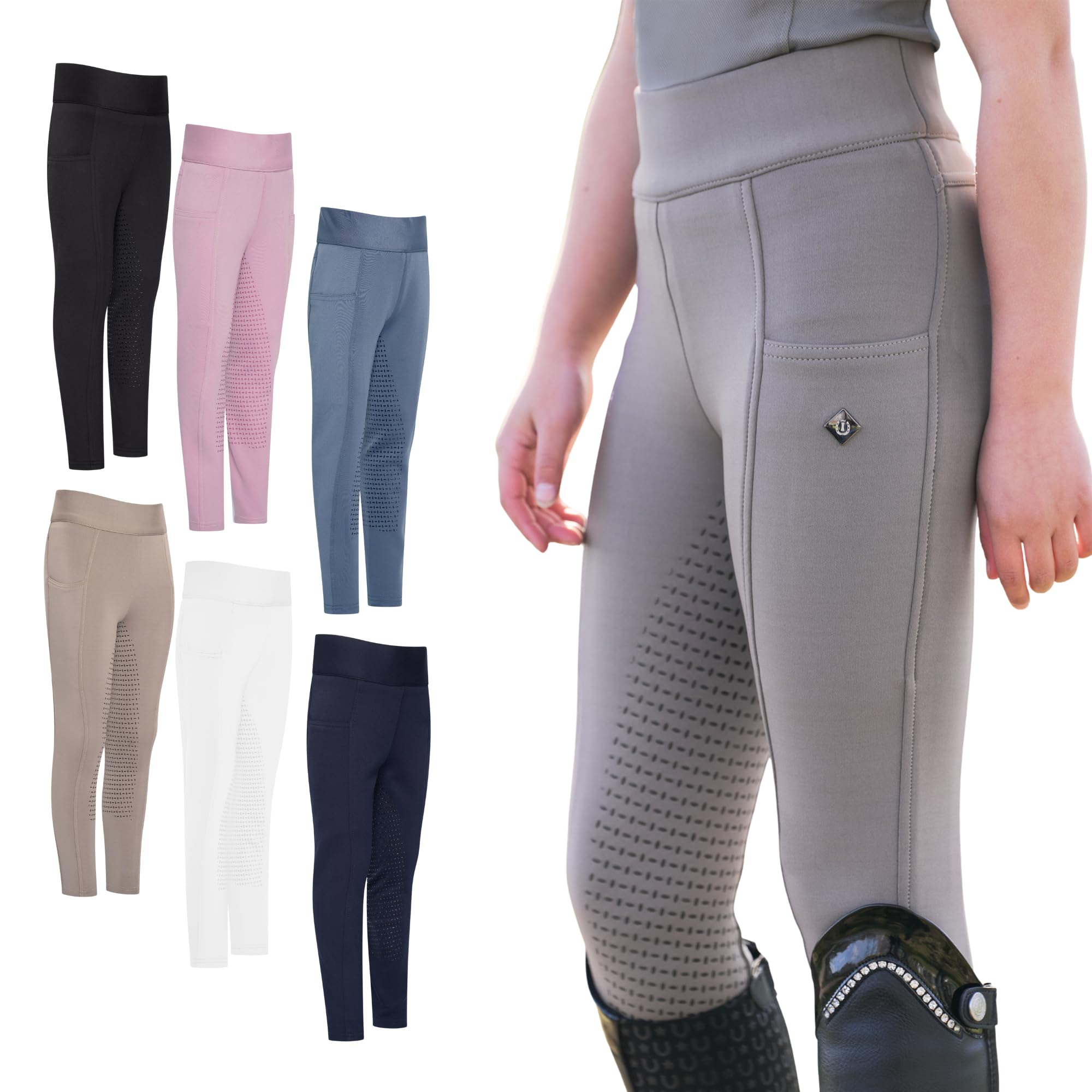 Imperial Riding Legginsy do jazdy konnej Tessy Light, legginsy dla dzieci, elastyczne spodnie z wysokim stanem, dwie boczne kieszenie na telefon komórkowy, bryczesy z silikonowym obszyciem kolan