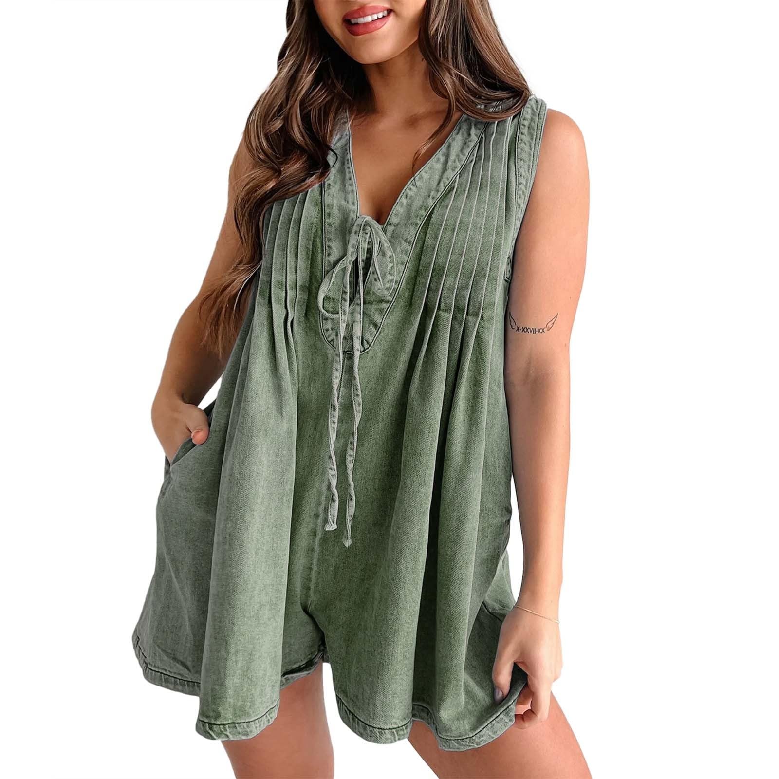 Generisch Tutina da donna, casual, senza maniche, con cravatta sul davanti, in denim, con tasca