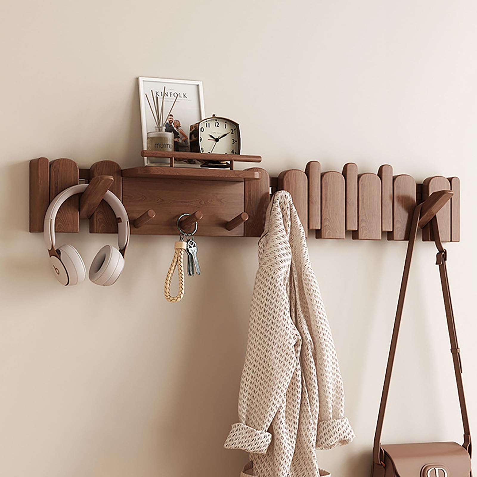 JS Space Piano Key Wall Coat Rack with Shelf, Wooden Flip Down Hooks, Entryway Wall Organizer for Bathroom, Hallway, Bedroom Walnut 9-Hook