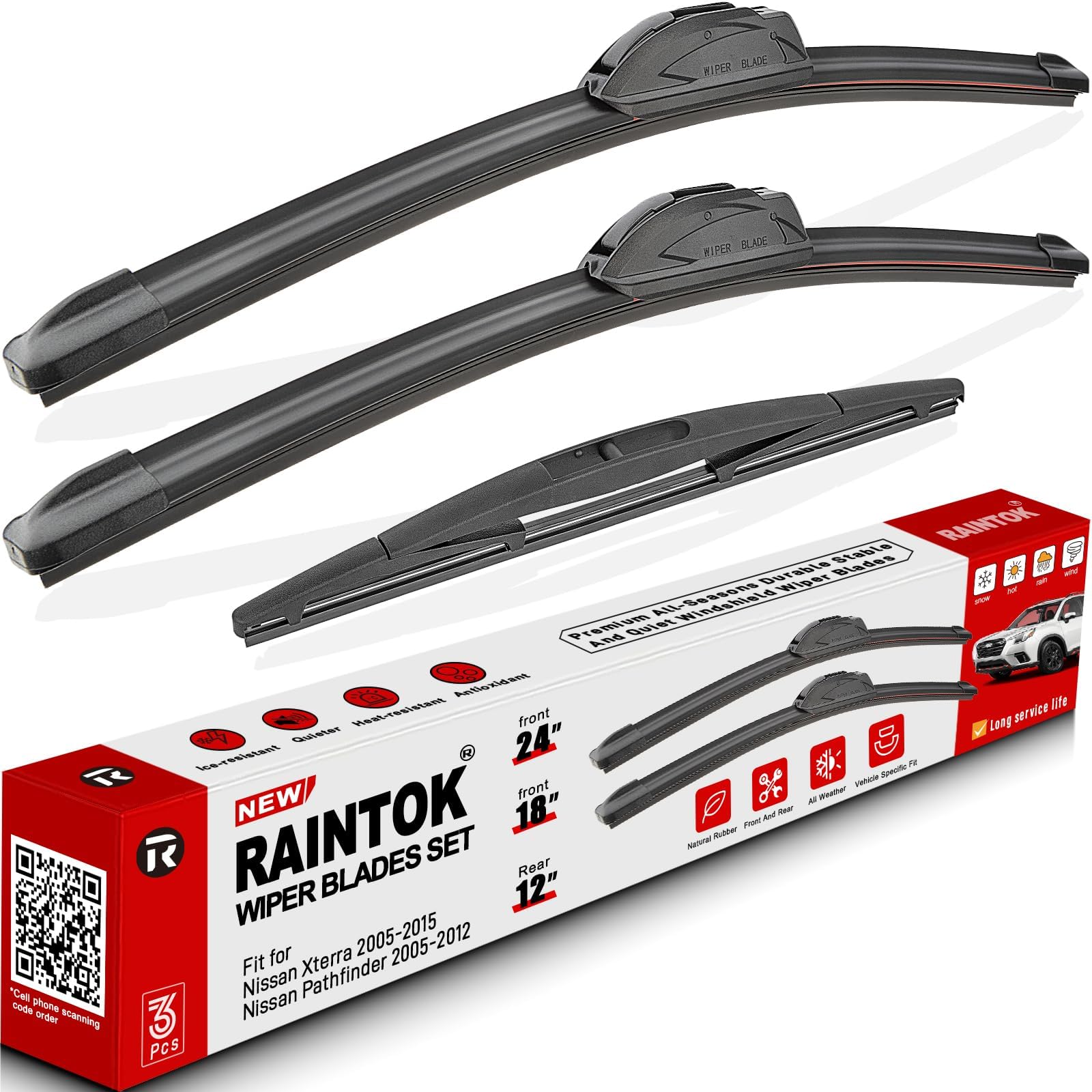 Windshield Wiper Blades Replacement for 2005-2015 Nissan Xterra / 2005-2012 Nissan Pathfinder Original Factory Quality Front Rear Wipers Blade Set for My Car - 24" 18" 12" (Pack of 3)