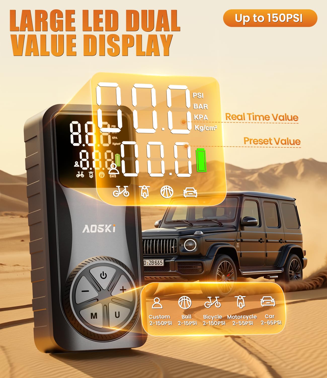 Tire Inflator Portable Air Compressor 150PSI Rechargeable Air Pump with Digital Pressure Gauge LED Light and Auto Shut-Off — view 4
