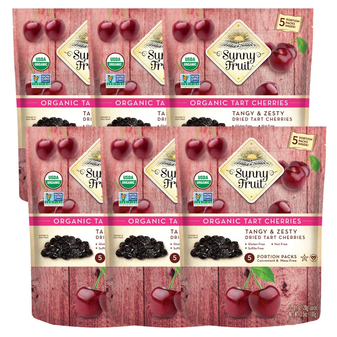 Sunny Fruit Soft Organic Dried Tart Cherries - 6 Bags (30 Individual Portion Packs) | No Preservatives | Healthy, Convenient Snack Packs | ORGANIC, NON-GMO, VEGAN, HALAL, KOSHER