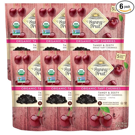 Sunny Fruit Soft Organic Dried Tart Cherries - 6 Bags (30 Individual Portion Packs) | No Preservatives | Healthy, Convenient Snack Packs | ORGANIC, NON-GMO, VEGAN, HALAL, KOSHER