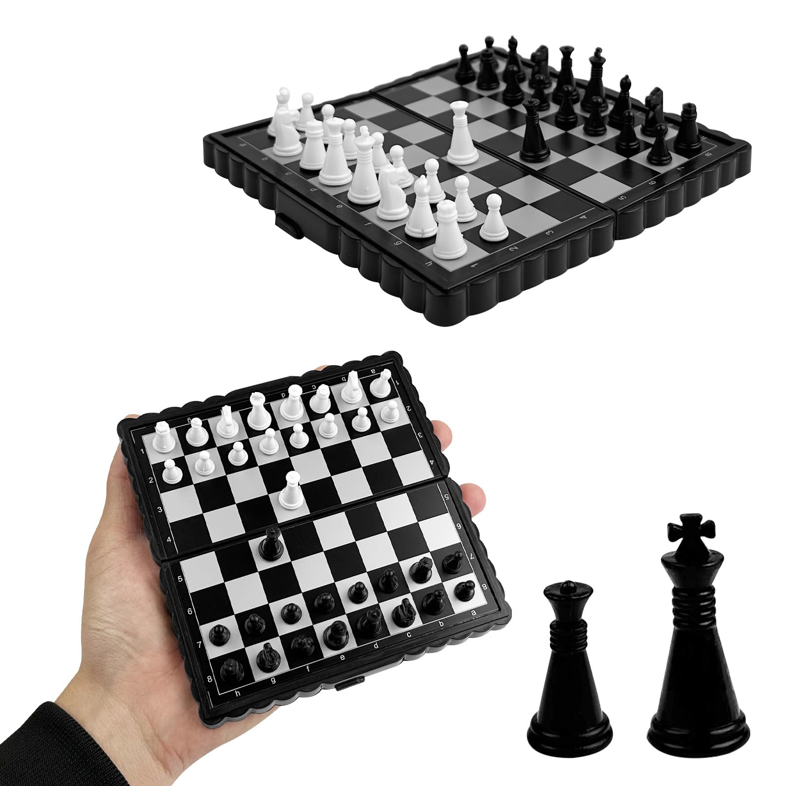 LEAP Set di scacchi magnetici in legno da 38,1 cm, scacchiera pieghevole da 7,6 cm, set di scacchi da viaggio, set di scacchi con 2 pezzi extra e slot