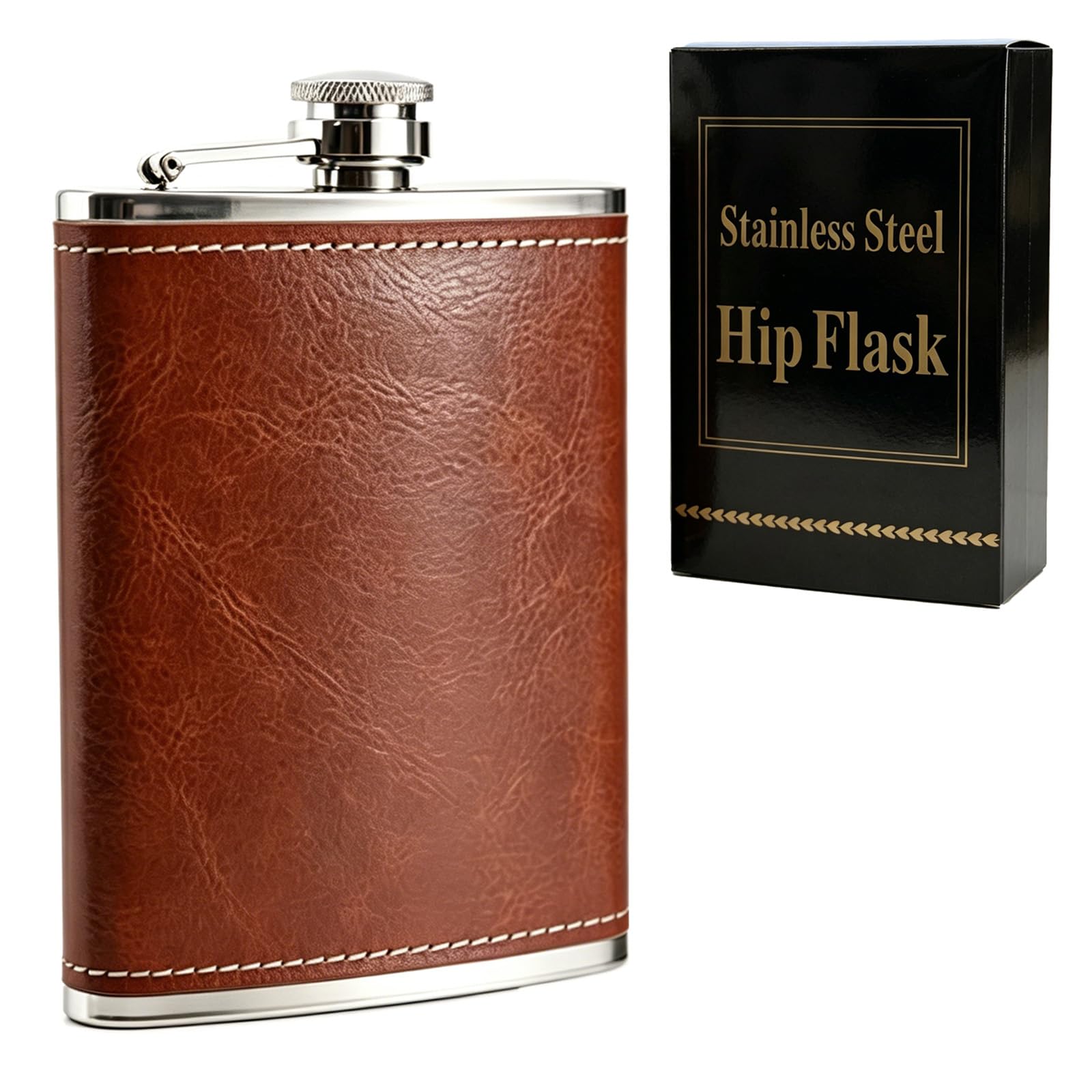 Stainless Steel Hip Flask, 8 oz Flask Alcohol Leak-Proof Portable Pocket Whisky Flasks with Brown Leather Surface for Men & Women Camping, Climbing, Travel and Gifting