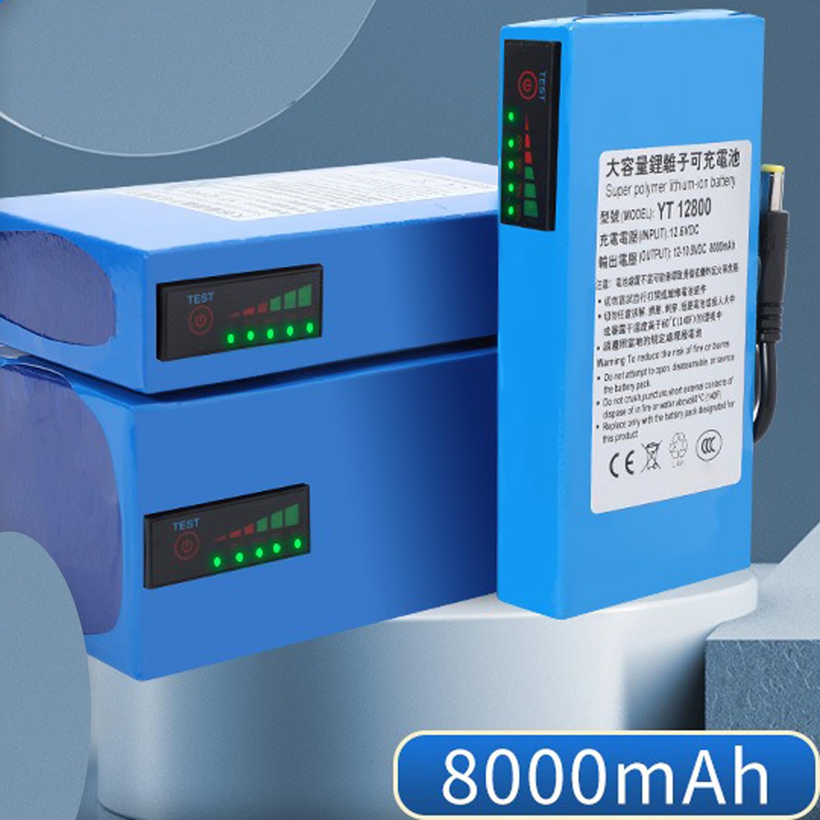 Batería de Litio de 12 V, 8000 mAh, CC, Recargable, portátil, para DVD, Reproductores CCTV, MP4, Tiras de Luces LED y cámaras con Cargador,with Light 12v 8000mah