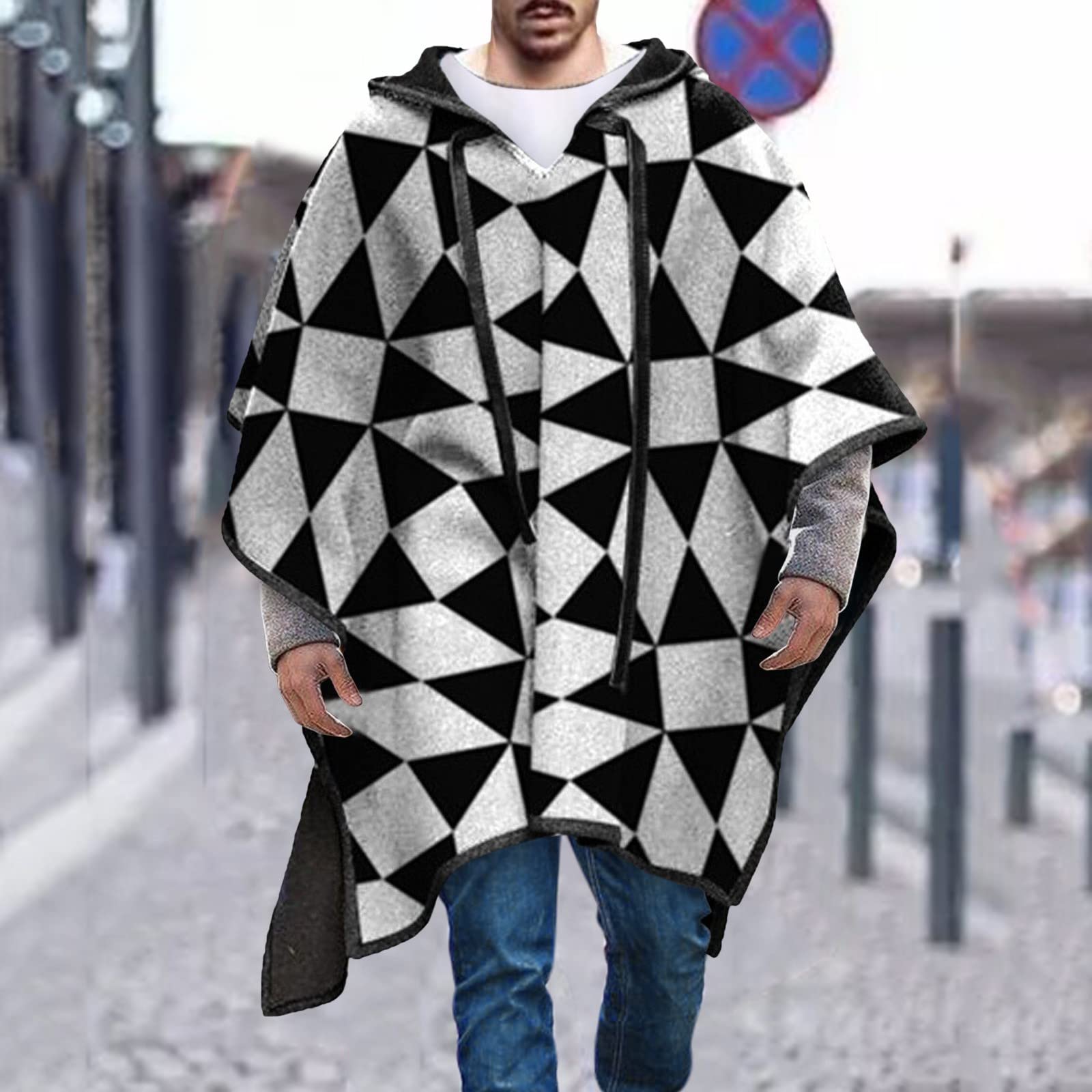 Poncho en laine pour homme - Veste d'hiver cowboy hippie décontractée avec capuche - Coupe ajustée - Avec poches - Polaire chaude - Sweat à capuche d'hiver - Poncho en laine confortable