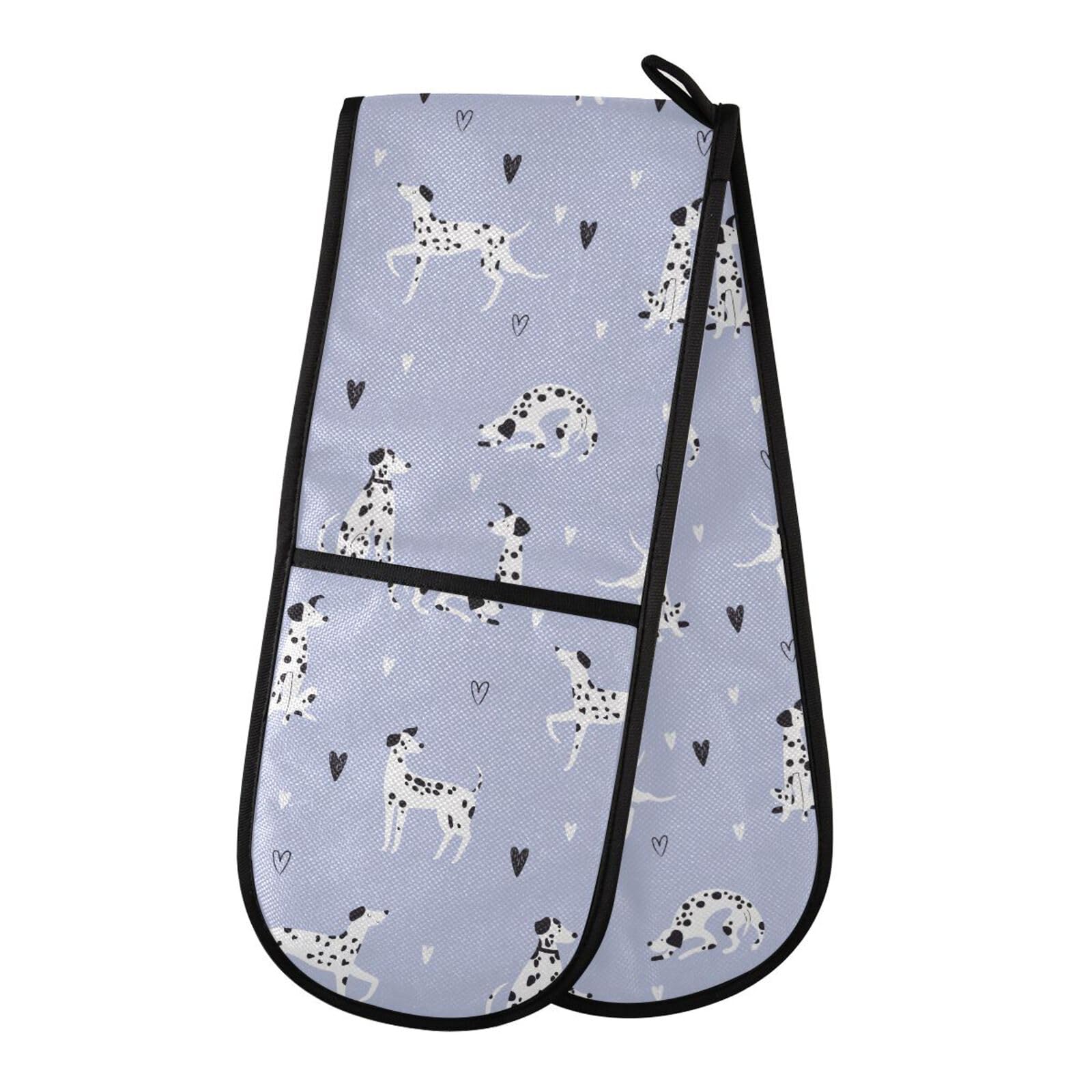 Double Oven Gloves Purple Dalmatian Dog Heart Heat Resistant Pot Holder Oven Mitt Gloves for BBQ Cooking Baking Grilling Microwave