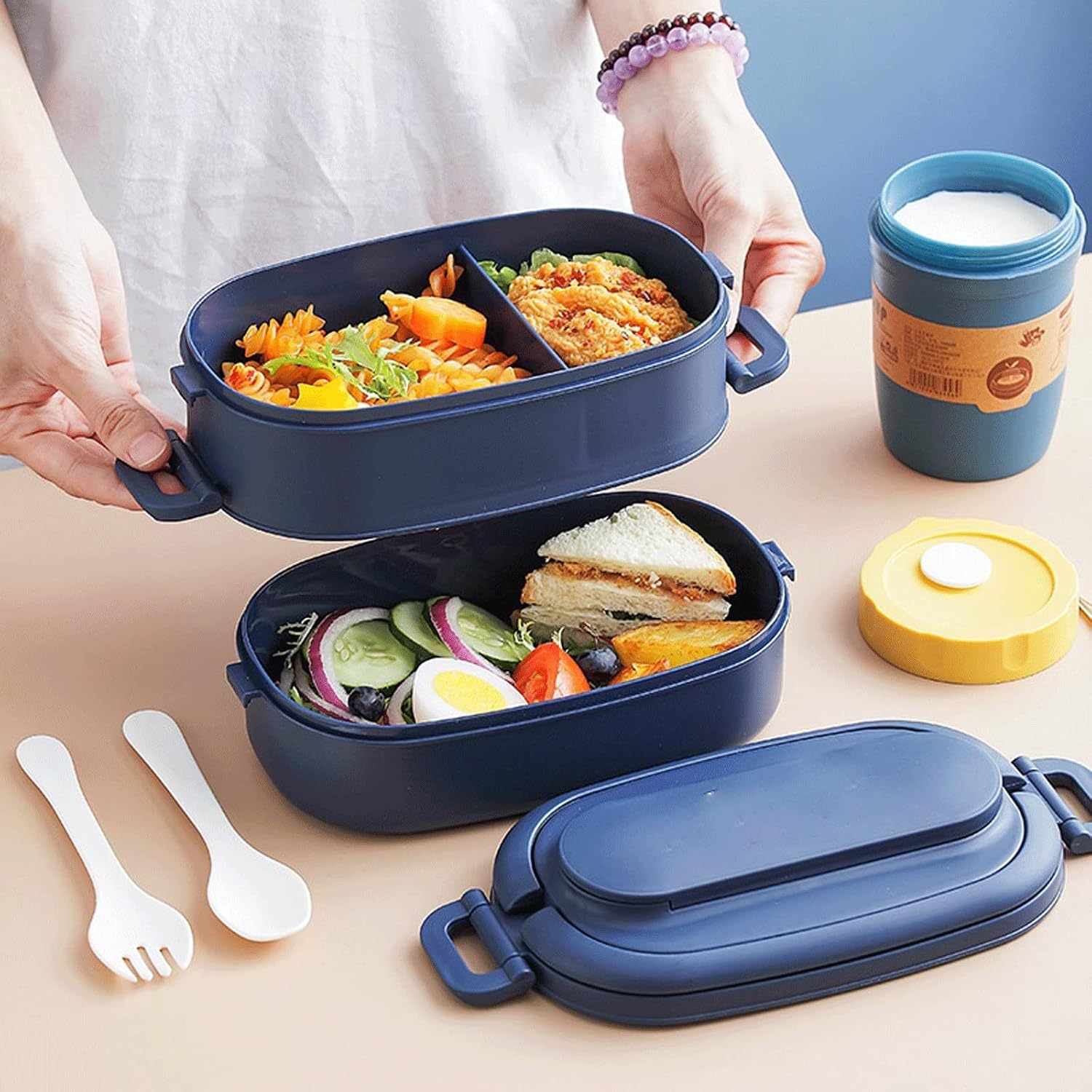 Bento Boxes Double Layer Portable Lunch Box Microwave Lunch Box Food Container Separator with Cutlery (Color : Green)