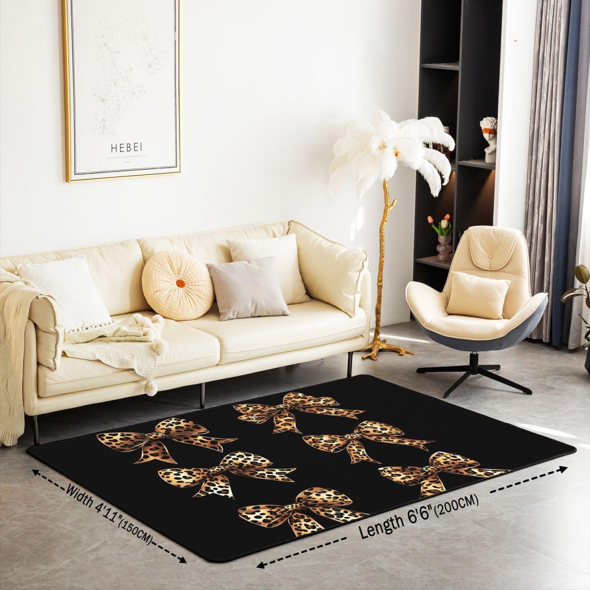 Leopard Print Bow Area Rug 3'x5',Chic Modern Bowknot Non Slip Carpet for Kids Girls Adults,Brown Cheetah Wild Animal Decor Rug for Living Room Bedroom Playroom Backyard