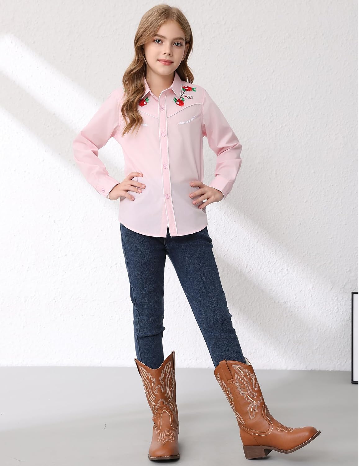 Girls Western Cowgirl Shirt Long Sleeve Retro Floral Embroidered Collared Button Down Blouse Tops for Country Outfit
