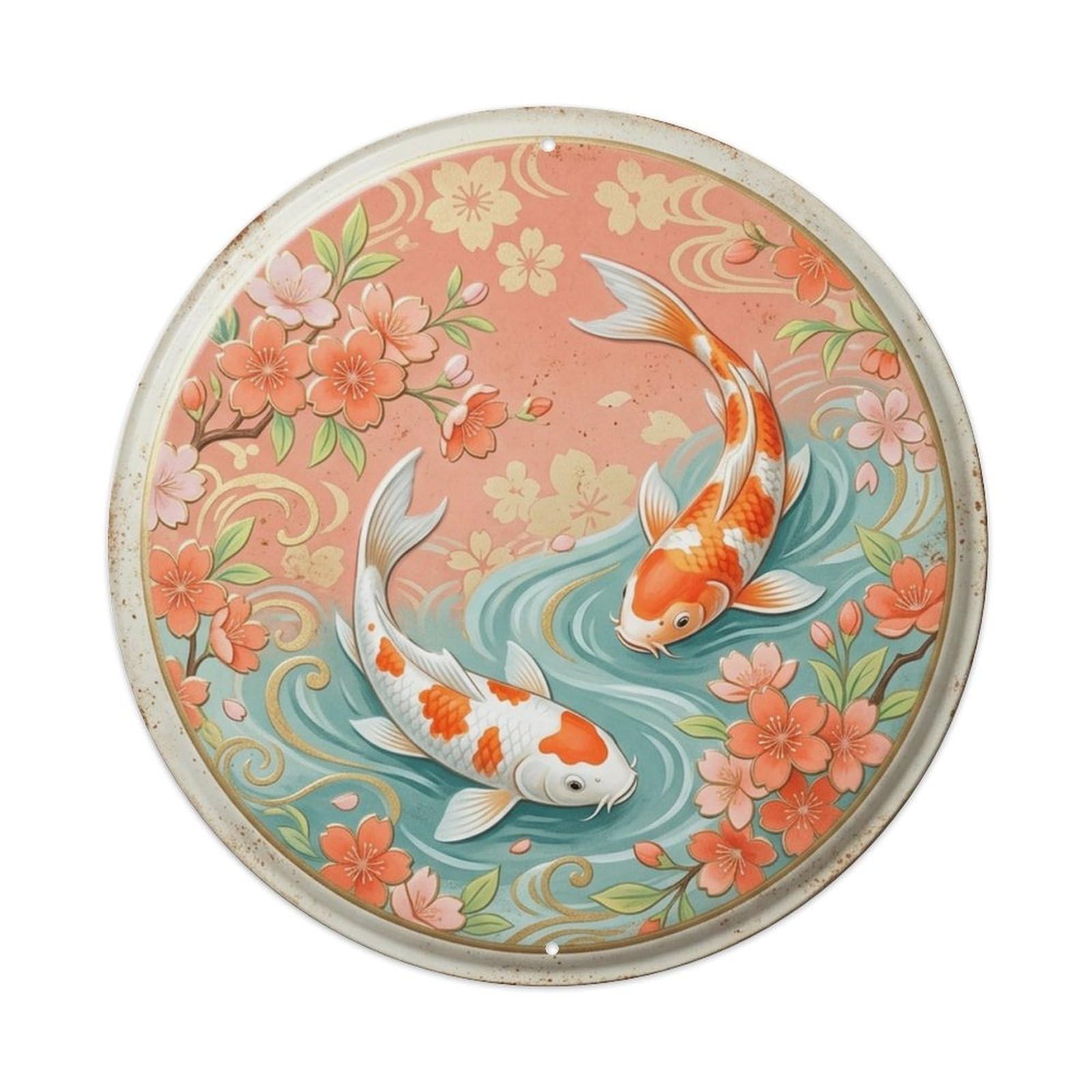Feng Shui Koi Pond Coral Blossom Spring Asian Harmony Metal Tin Sign Plaque Wall Decor for Cafe, Man Cave, Club Bar, Office, Home Garden Round Metal Poster 8x8Inch