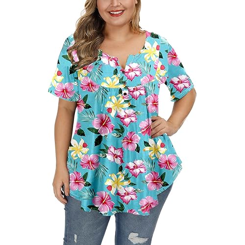 ALLEGRACE Women's Plus Size Floral Blouses Henley V Neck Button Up Tunic Tops Ruffle Flowy Short Sleeve T Shirt
