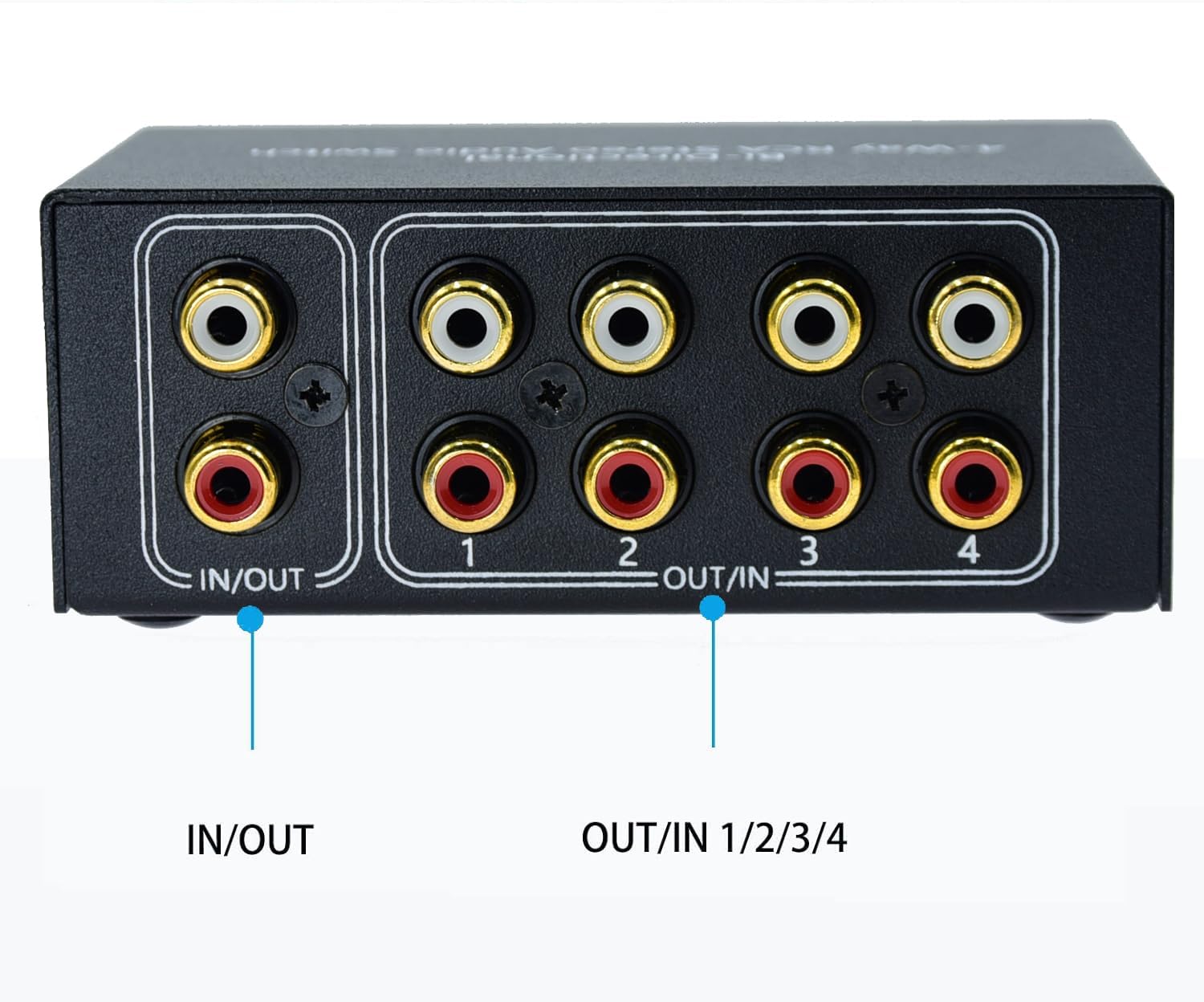No Noise 4 Way 1 in 4 Out or 4 in 1 Out Audio Sound selector RCA Female Stereo 4 Channel Splitter switcher Box Switching No External Power
