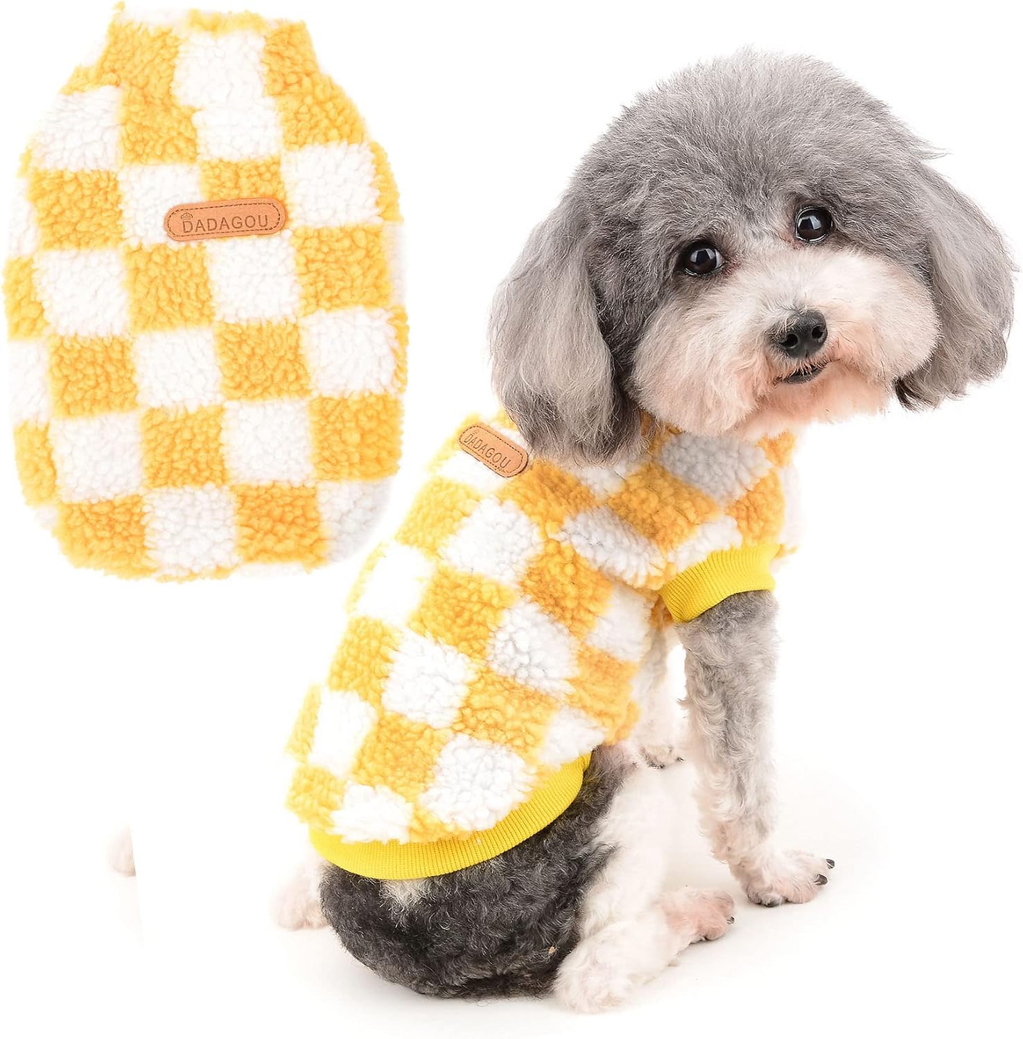 Zunea Fuzzy Dog Jumper for Small Dogs Warm Fleece Winter Jacket Coat Plaid Puppy Clothes Fluffy Pullover Sweater Coat Soft Pet Apparel for Dogs Girl Boy Chihuahua Yorkie Cat Yellow M