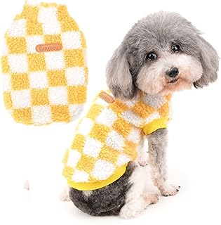 Zunea Fuzzy Dog Sweater Coat for Small Dogs Girl Boy Warm Fleece Winter Jacket Coat Plaid Fluffy Puppy Clothes Soft Pullover Cold Weather Pet Apparel for Chihuahua Doggy Cats Yellow XXL