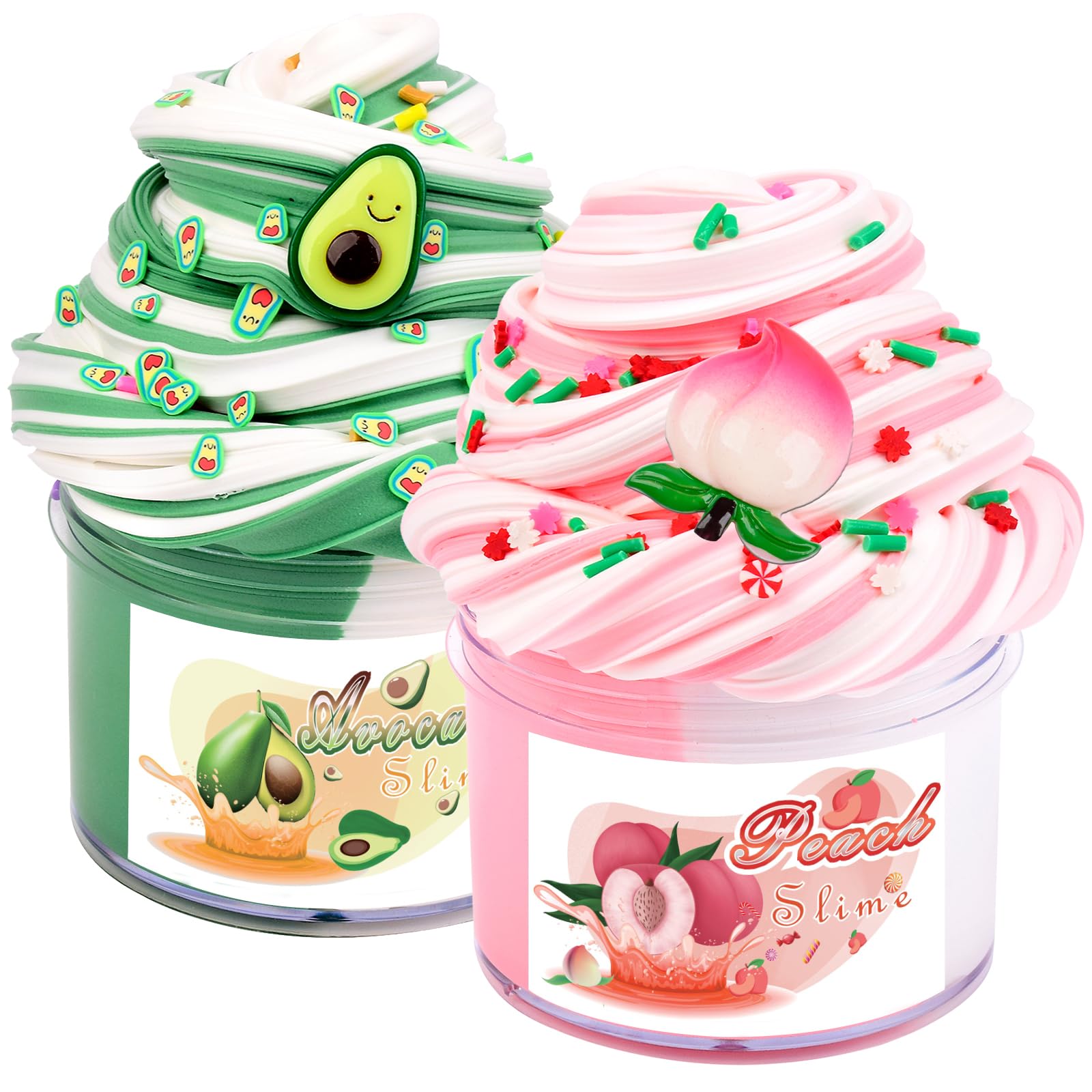 2 Pack Dual Colored Butter Slime Kit,Peach Slime,Avocado Fruit Slime,Non Sticky,Super Soft Sludge Toy,Birthday Gifts for Kids 4-12,DIY Butter Slime Party Favor for Girls & Boys