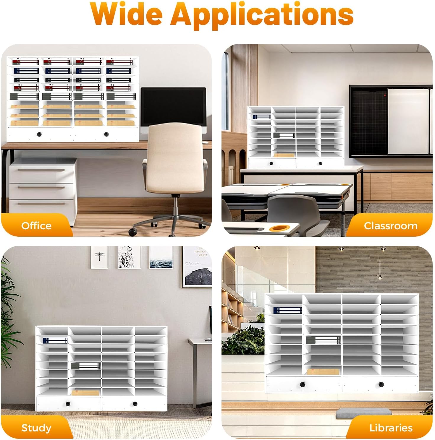 Literature Organizers, 32 Compartments Office Mailbox with Adjustable Shelves and 2 Drawers, Wood Literature Sorter 39.4*12*25.2in inches for Office, Classroom, Mailrooms Organization (White)