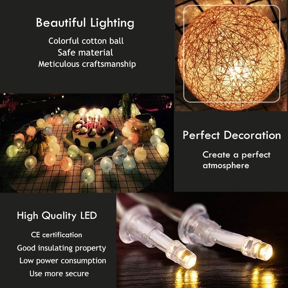 Ciskotu Ghirlanda Luminosa Cameretta Batteria, 3,3M 20 Sfere Cotone LED Catena Luminosa Interno, per Decorazione Della Luce Notturna Interna, Come Natale, Matrimonio, Festa, Stanza, Tenda