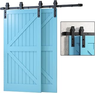VANCLEEF Single Track Bypass Sliding Barn Door Hardware Kit, for Three Doors, 14ft Long Flat Track, Black Rustic, Inside and Outside Use, Descriptive Installation Manual Included